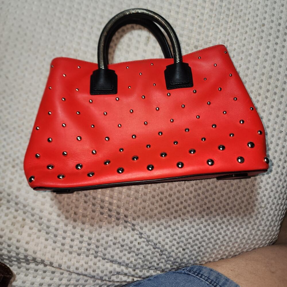 MILL STUDDED RED LEATHER CROSSBODY SATCHEL BAG - Picture 6 of 10